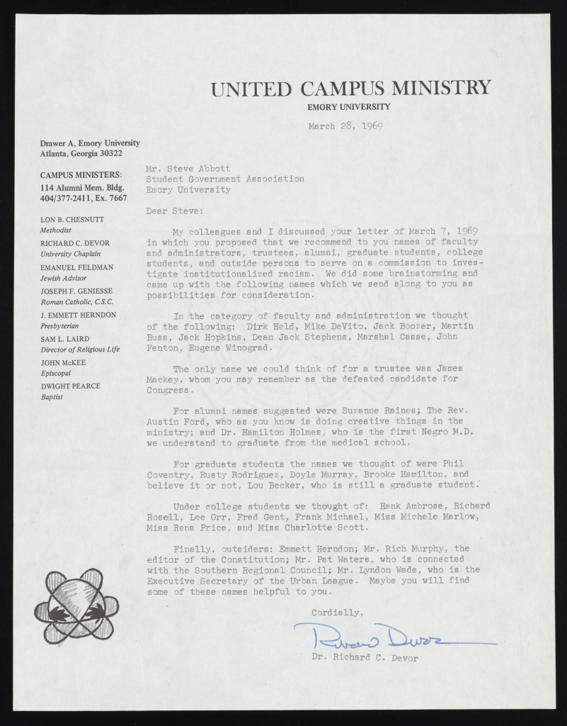 Typed letter to SGA President Abbott from Chaplain Devor on institutional racism committee members