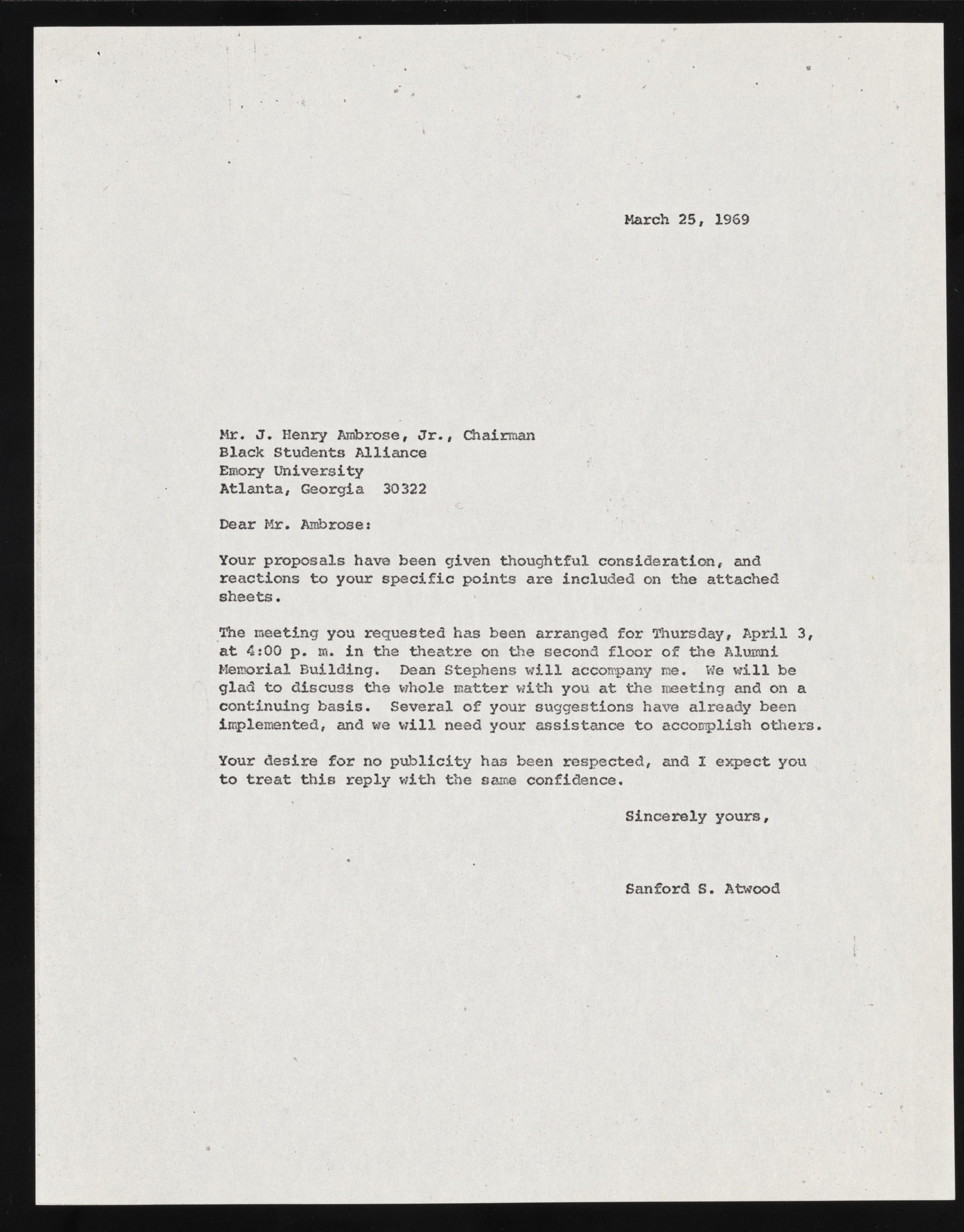 Typed letter from President Atwood to BSA Chair Ambrose responding to BSA proposals