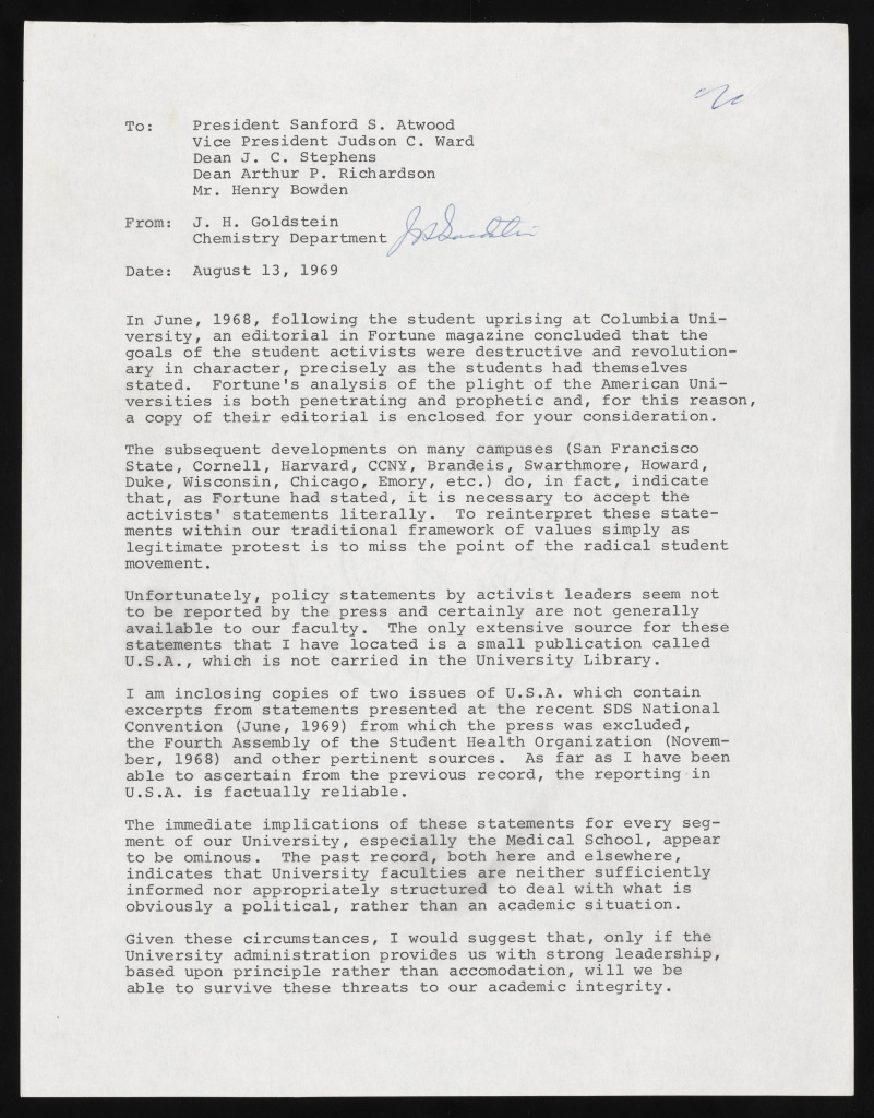 Typed letter from Prof Goldstein to President Atwood on the "threats to our academic integrity" of student activism