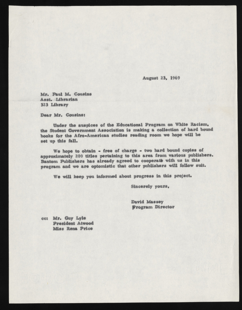 Typed letter from Massey to Librarian Cousins on works for Afro-American studies reading room
