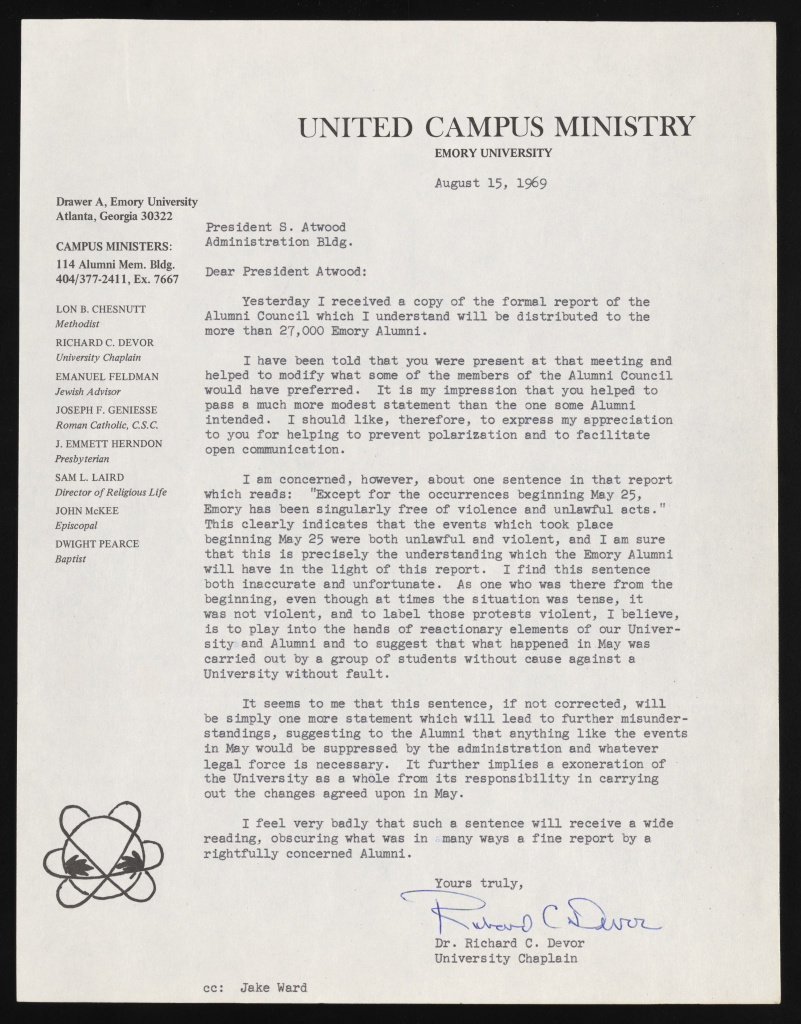 Typed letter from Chaplain Devor to President Atwood on the language of the Alumni statement on May protests