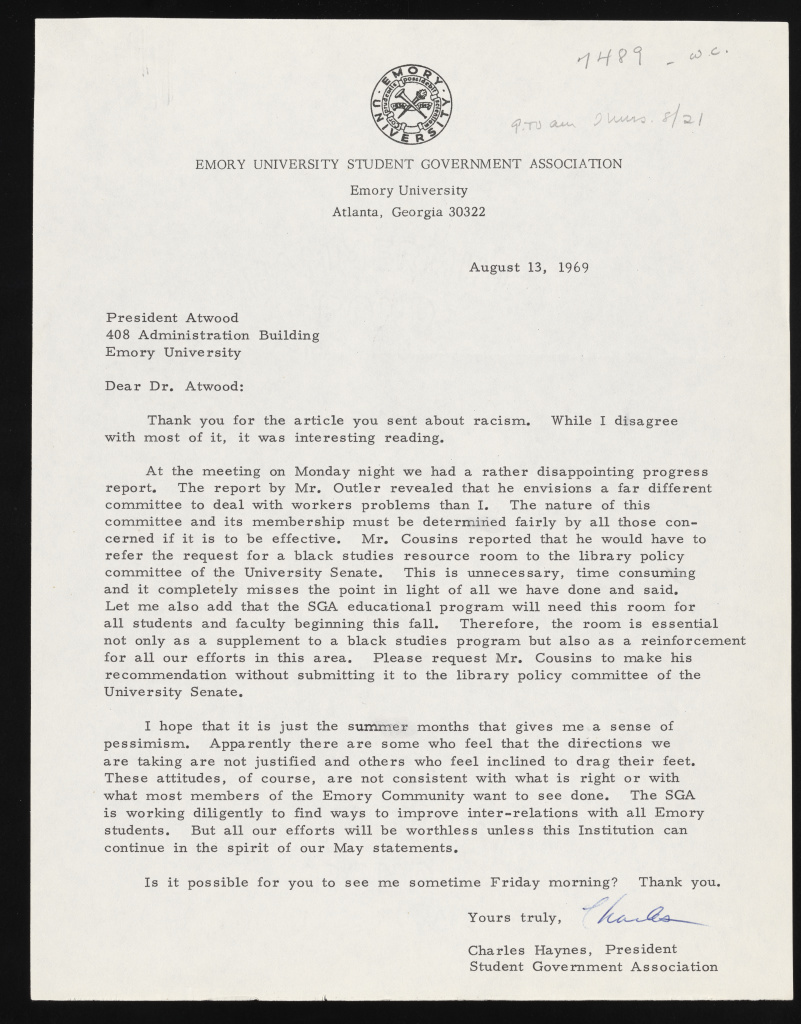 Typed letter from SGA President Haynes to President Atwood on the "disappointing progress report"