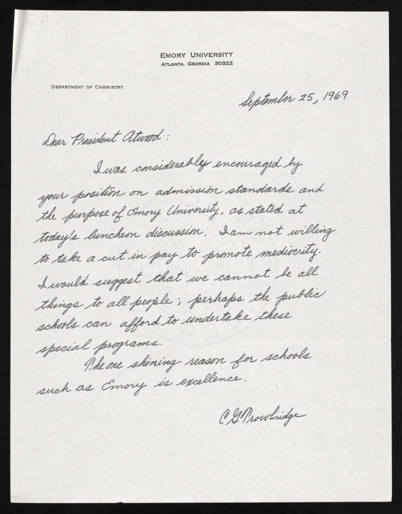 Handwritten letter from Prof Trowbridge to President Atwood opposing BSA admission proposals