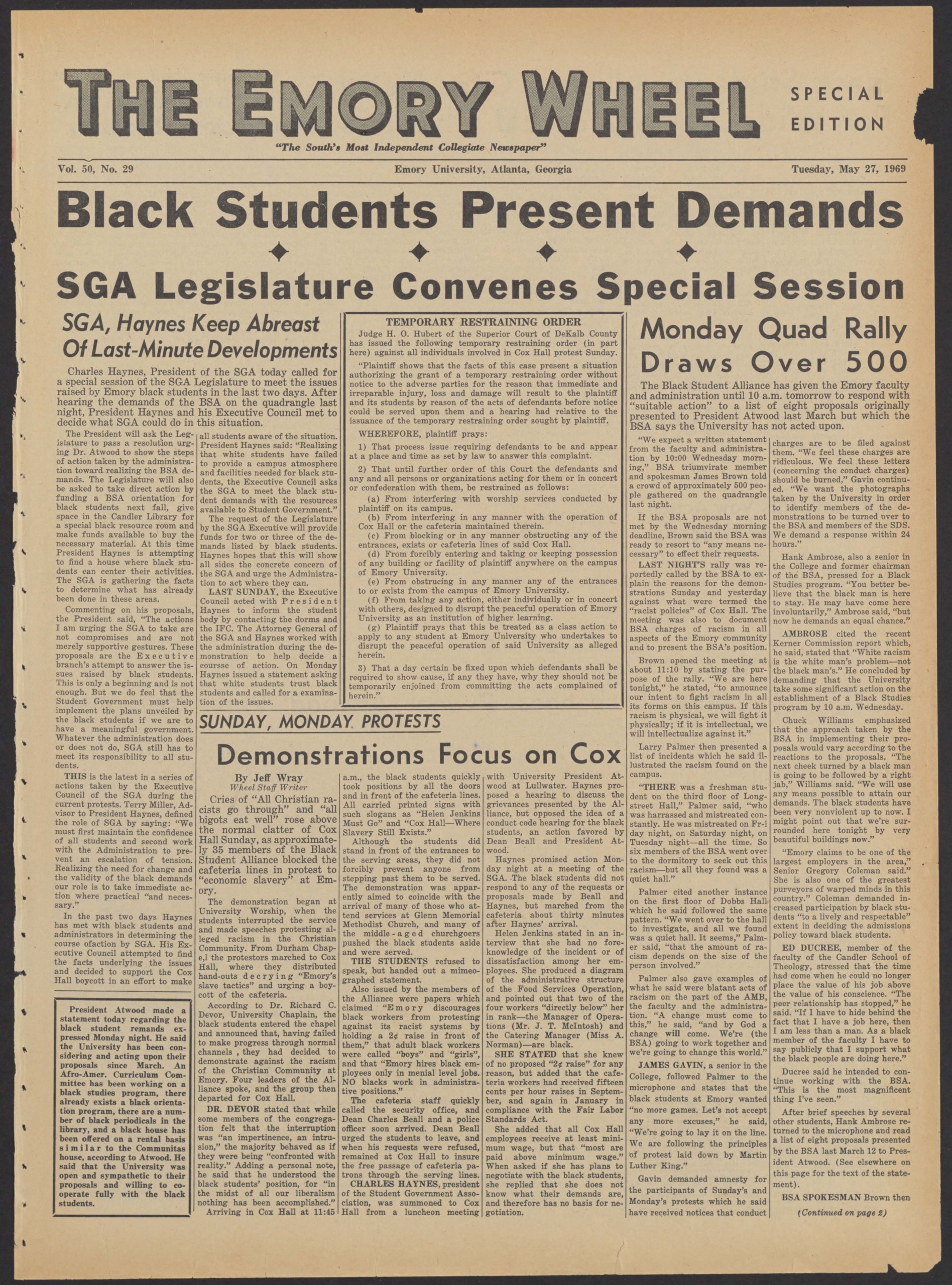 Emory Wheel newspaper front page covering Black student activism