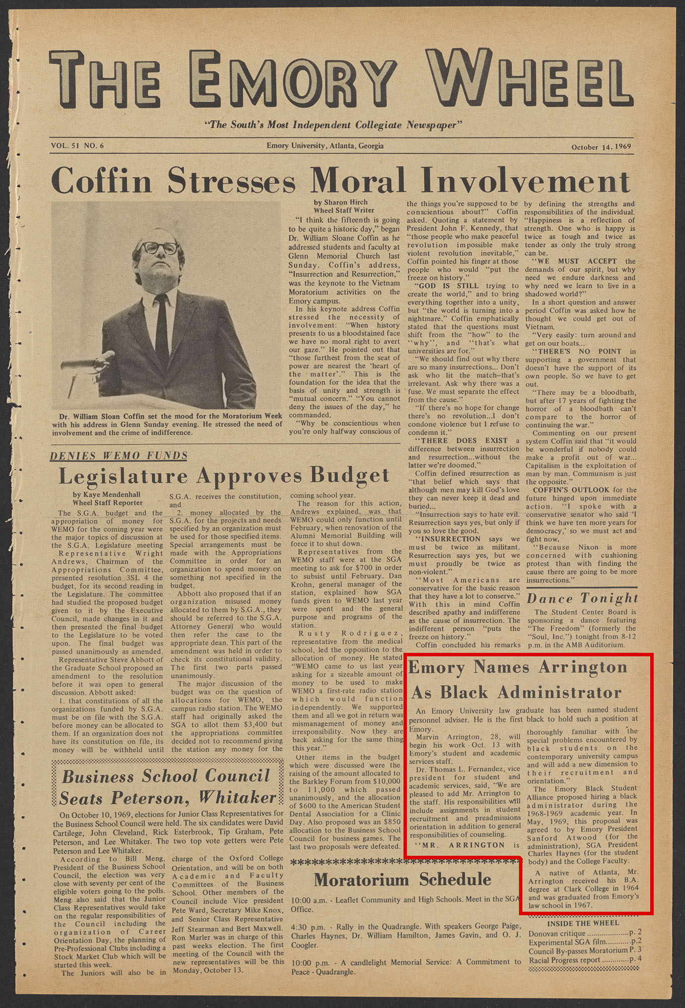 Emory Wheel newspaper front page with article on Marvin Arrington, Black administrator