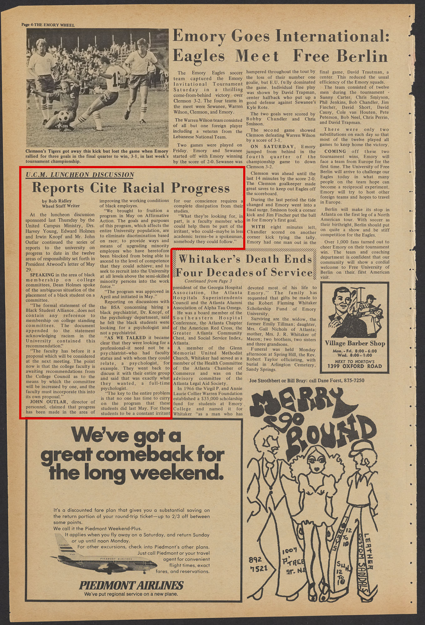 Emory Wheel newspaper page with article on a Black student proposal progress report meeting