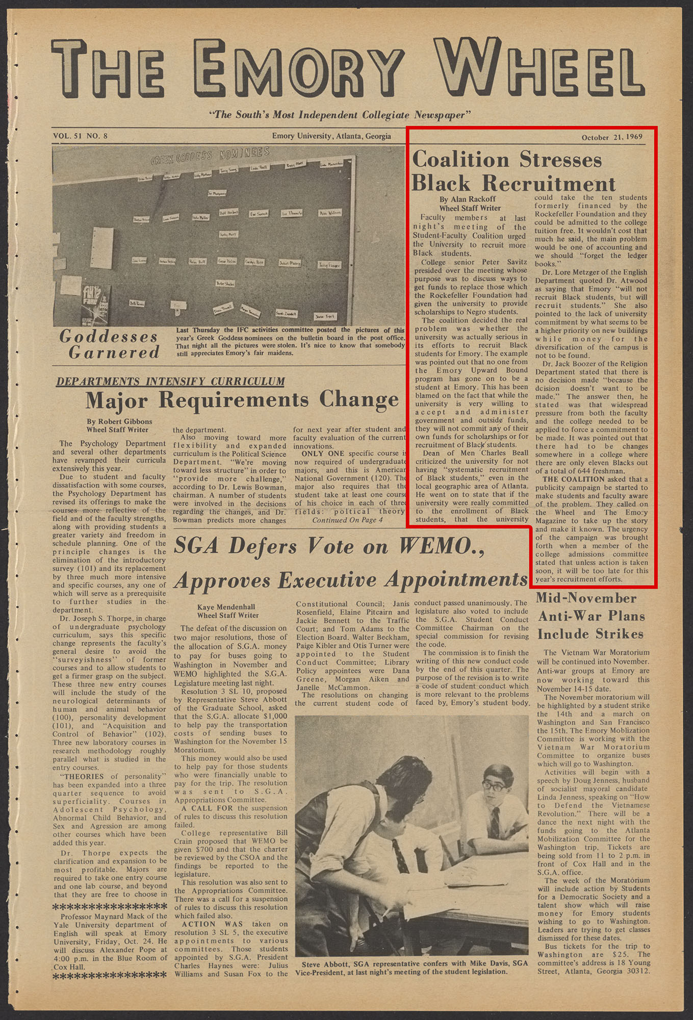 Emory Wheel newspaper front page with article on Black student recruitment