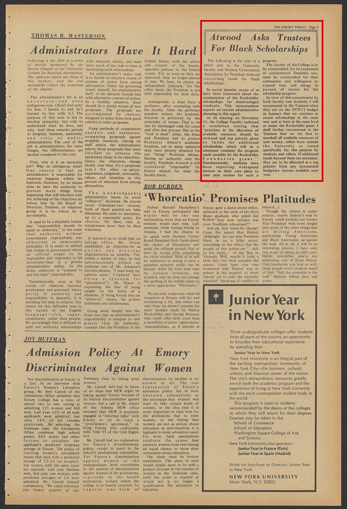 Emory Wheel newspaper page with article on President Atwood's letter to Trustees asking for Black student funding