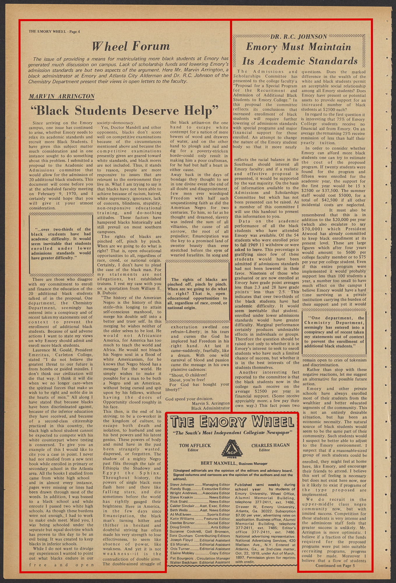 Emory Wheel newspaper page with Admin Arrington and Prof Johnson opinions on Black student matriculation