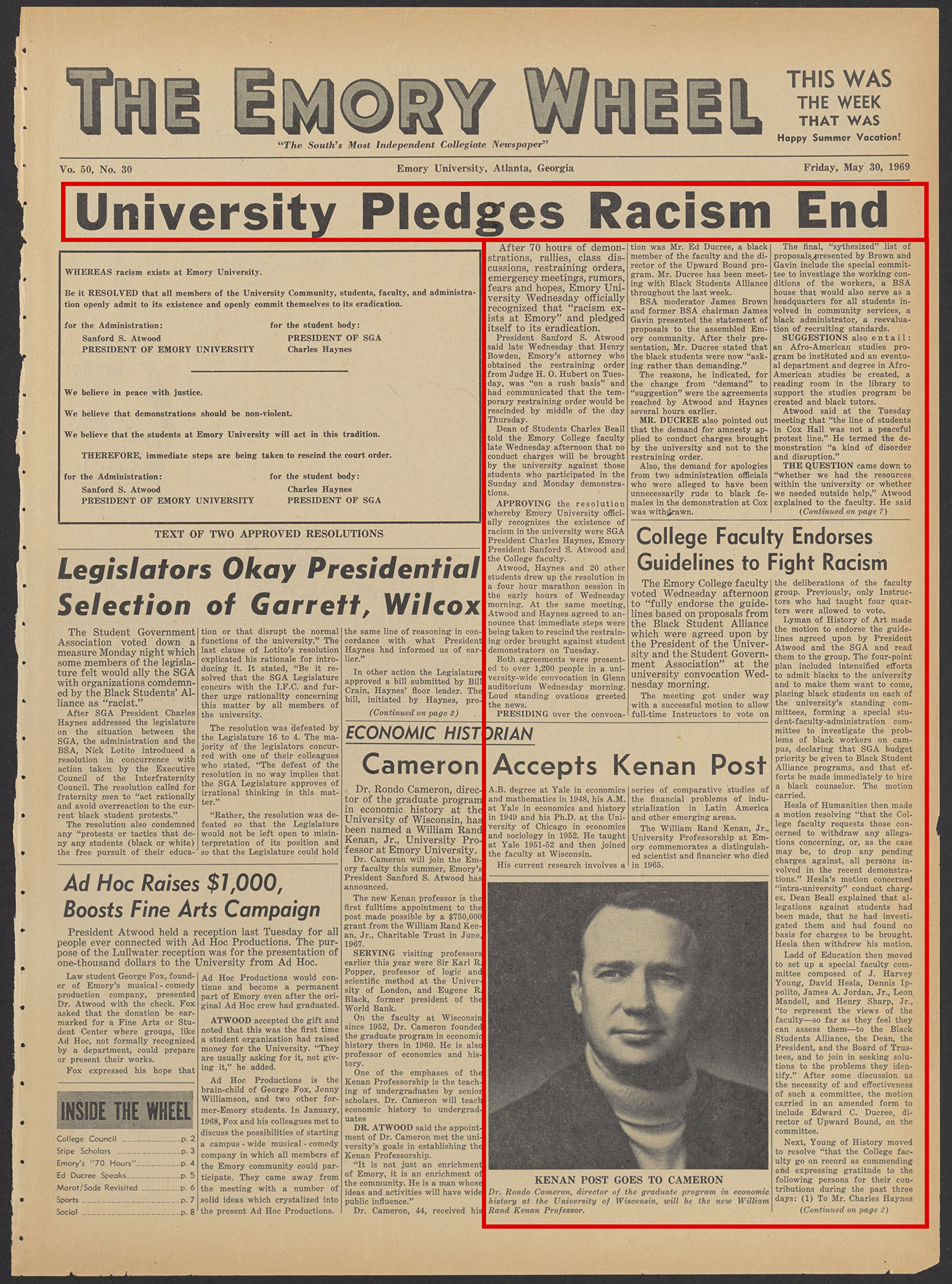 Emory Wheel newspaper front page with "University Pledges Racism End" headline