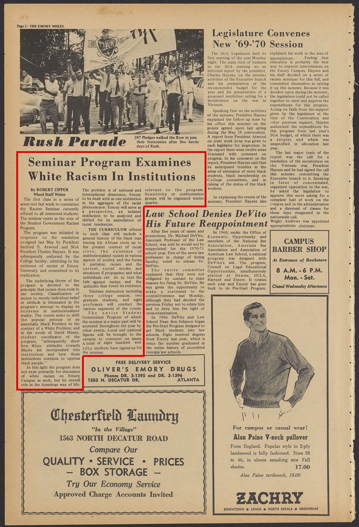 Emory Wheel newspaper page with article on SGA racism seminars