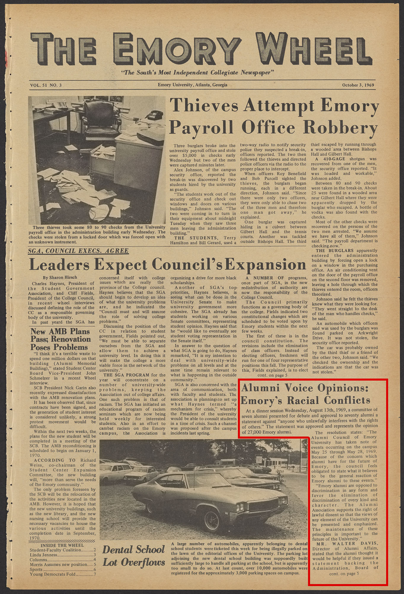 Emory Wheel newspaper front page with article on the Alumni Council statement on May protests