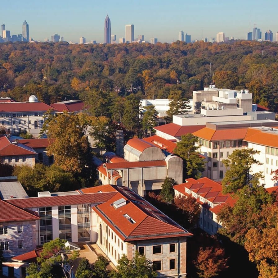 Overhead view of Emory buildings and Atlanta skyline
