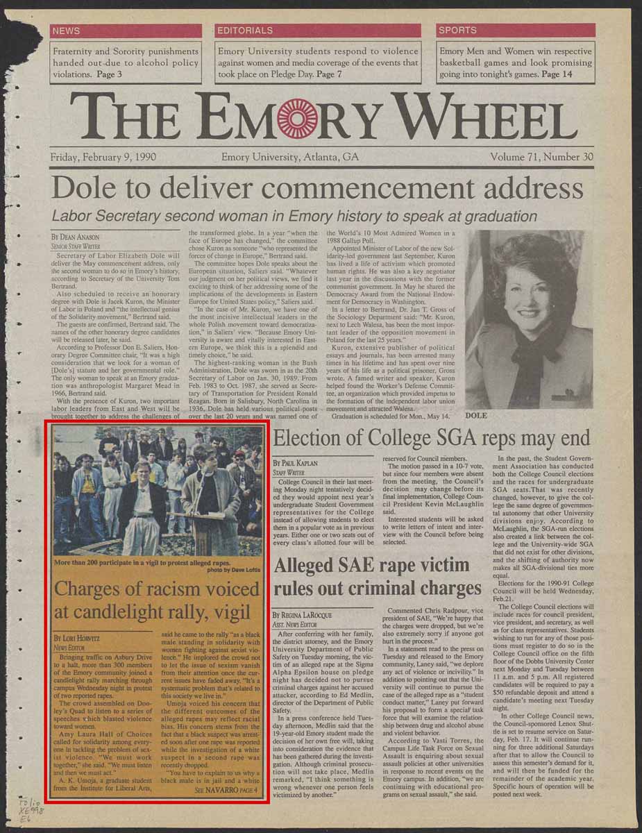 Emory Wheel newspaper front page with coverage of rape cases and candlelight rally photograph