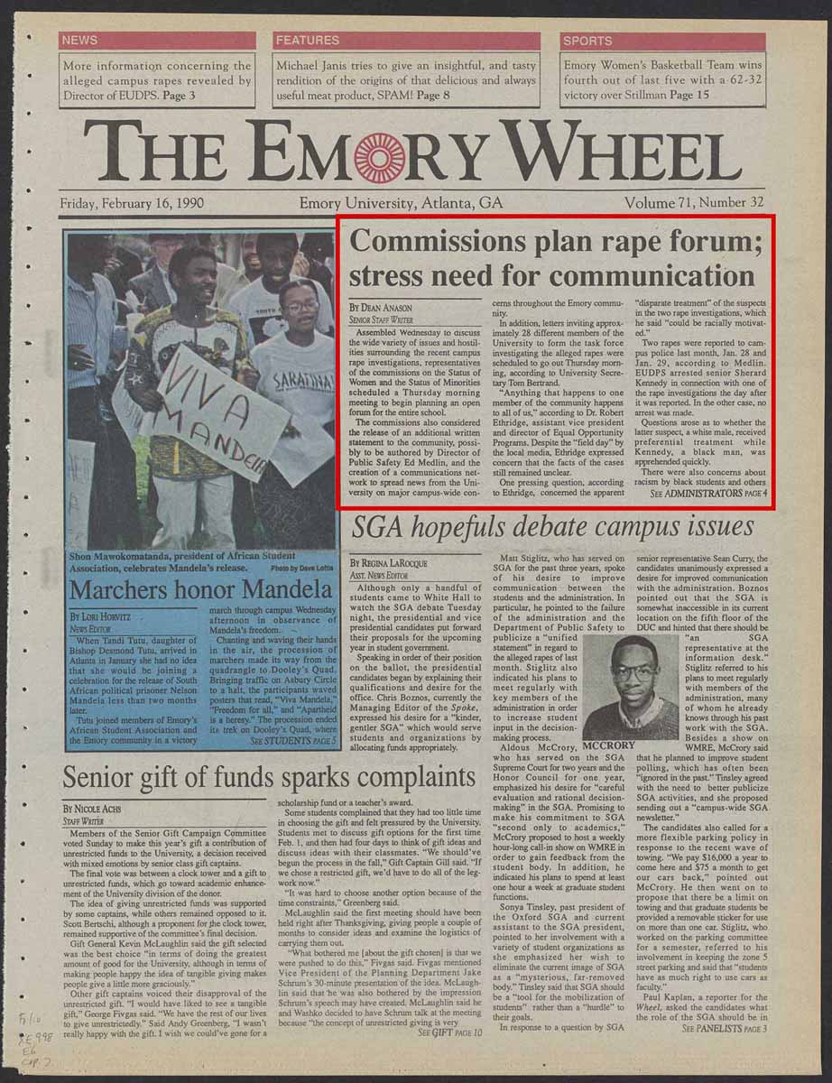Emory Wheel newspaper front page with article on rape investigation task force and communications