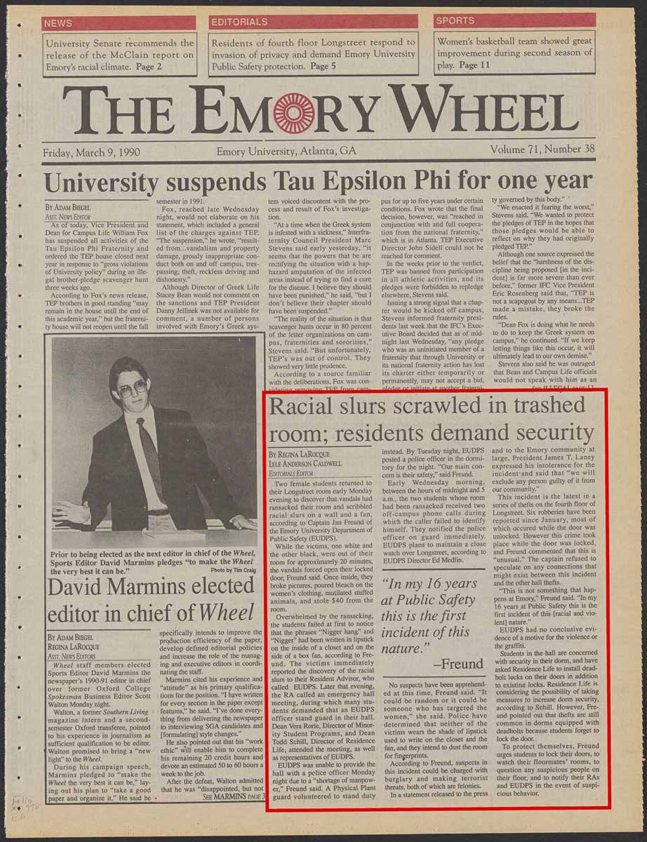 Emory Wheel front page with article on Sabrina Collins dorm break-in, vandalism, and racist slurs