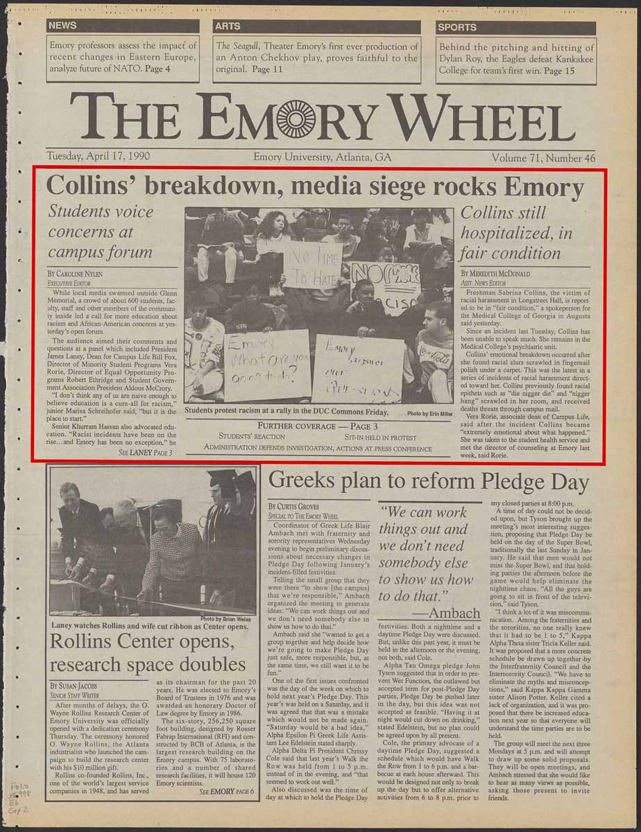 Emory Wheel front page with articles on call for more racism education and Sabrina Collins breakdown