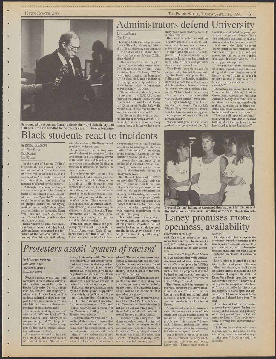 Emory Wheel articles on responses to racist vandalism and photos of President Laney and Collins' hallmates