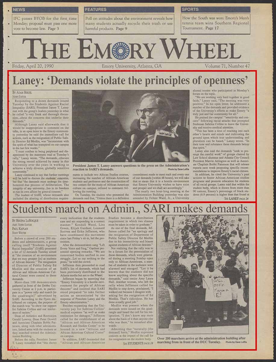 Emory Wheel articles on SARI rally and President Laney response to demand discussions (pg 1 of 2)