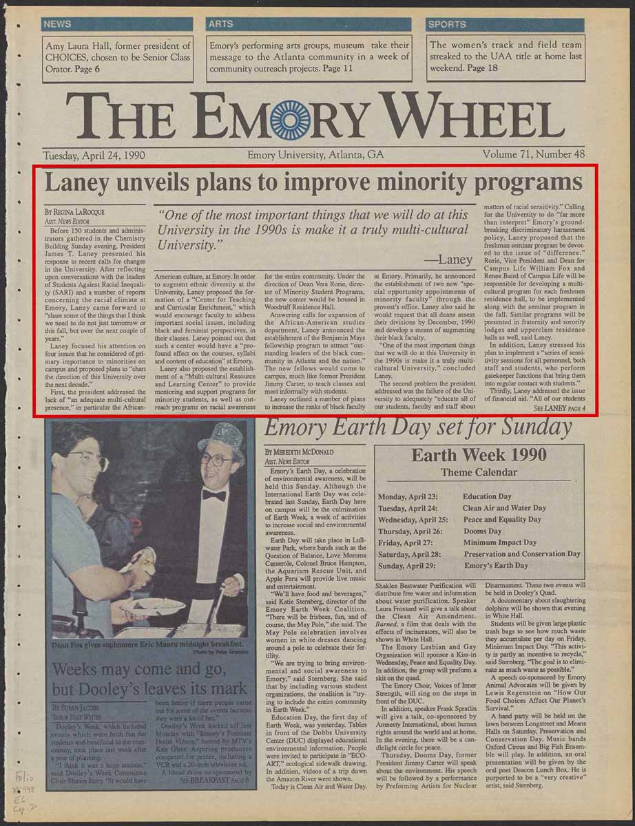 Emory Wheel article on President Laney minority programs (pg 1 of 2)