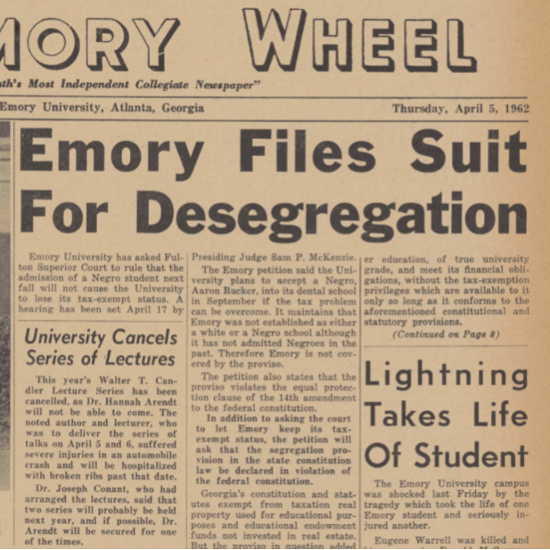 "Emory Files Suit for Desegregation" Emory Wheel headline and article