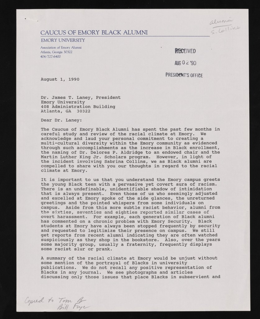 Typed letter from Black Emory alums to Laney on "pervasive yet covert aura of racism" at Emory