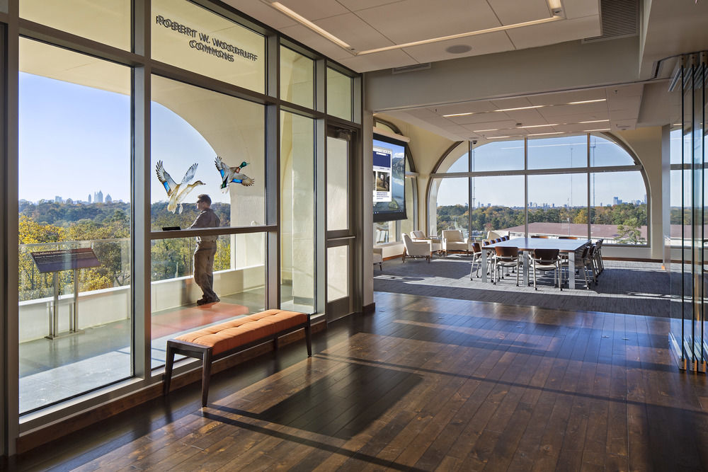 Brightly lit meeting room with two windows overlooking green foliage and a blue sky