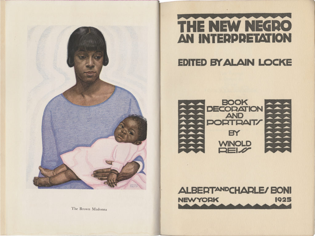 Photograph of "The Brown Madonna" illustration (woman with dark skin tone holding infant with dark skin tone) in "The New Negro: An Interpretation" by Alain Locke