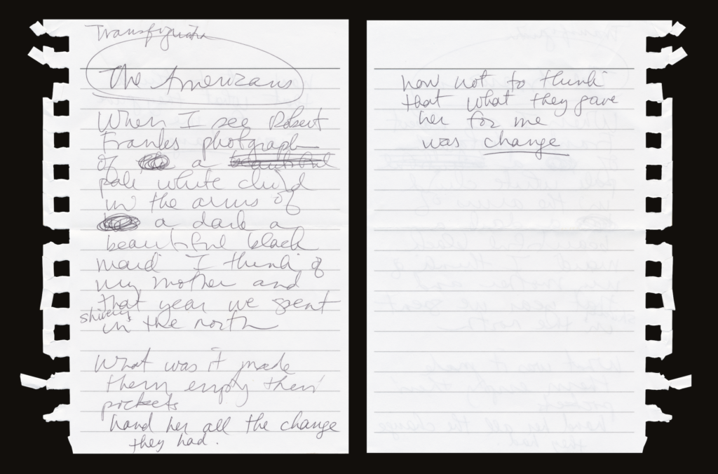 Torn notebook pages featuring handwritten draft of "Help, 1968" by Natasha Trethewey