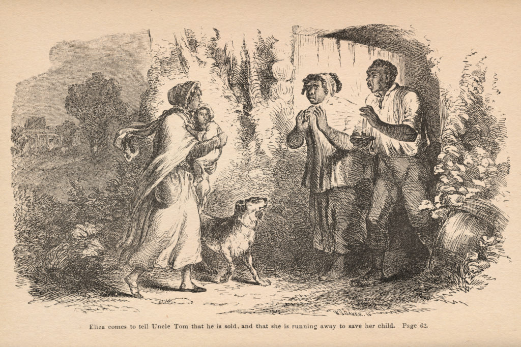Illustration from "Uncle Tom's Cabin" of man and woman with dark skin tone speaking with woman with medium-dark skin tone holding infant with medium-dark skin tone