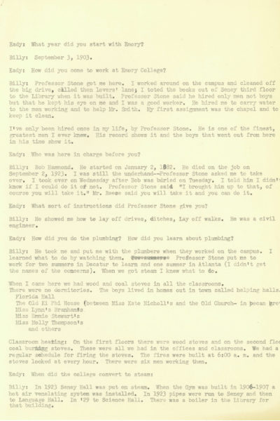 Page one of transcript for Billy Mitchell Interview with Dean Eady, 1953
