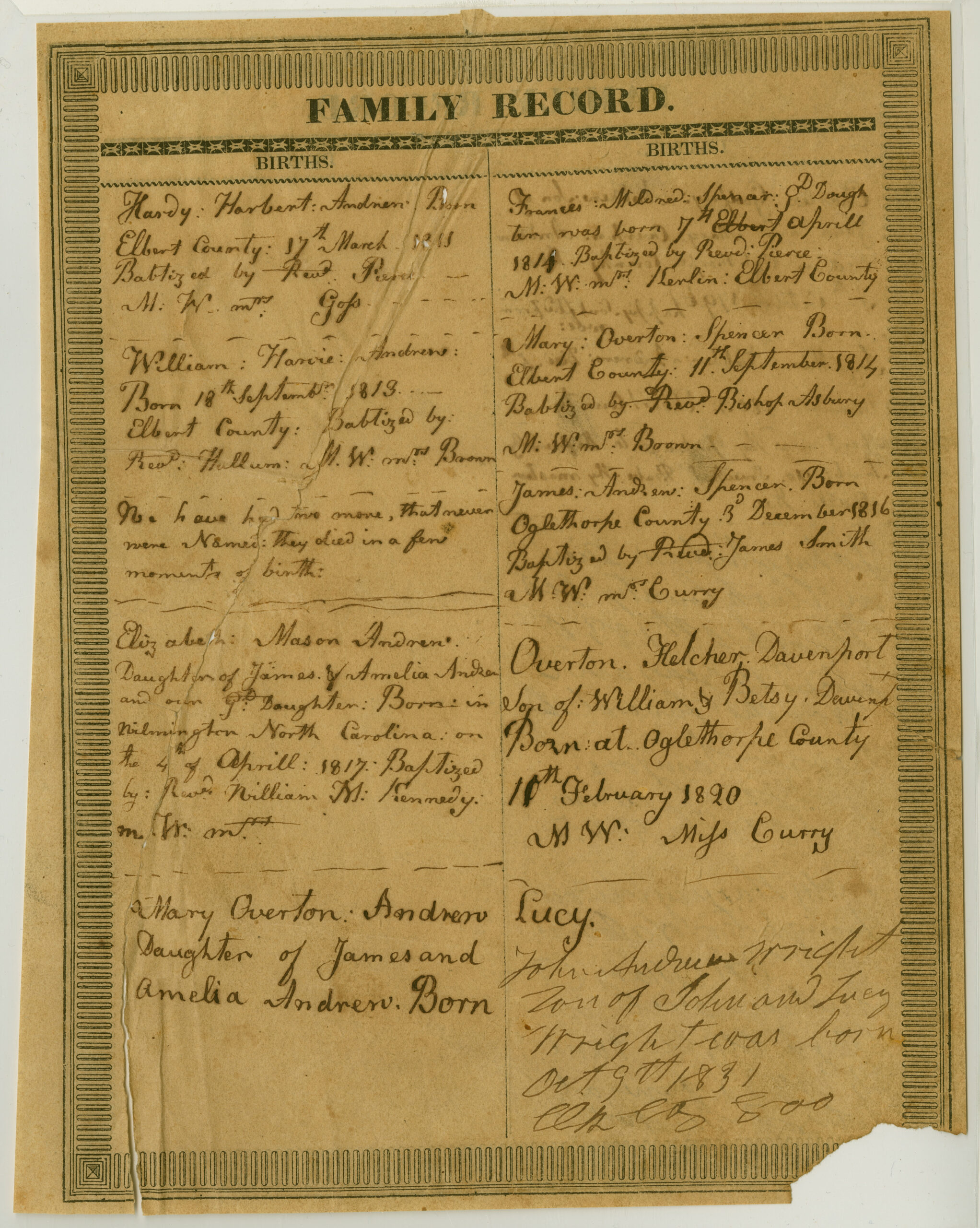 page from Andrew Family Bible detailing the family's births.