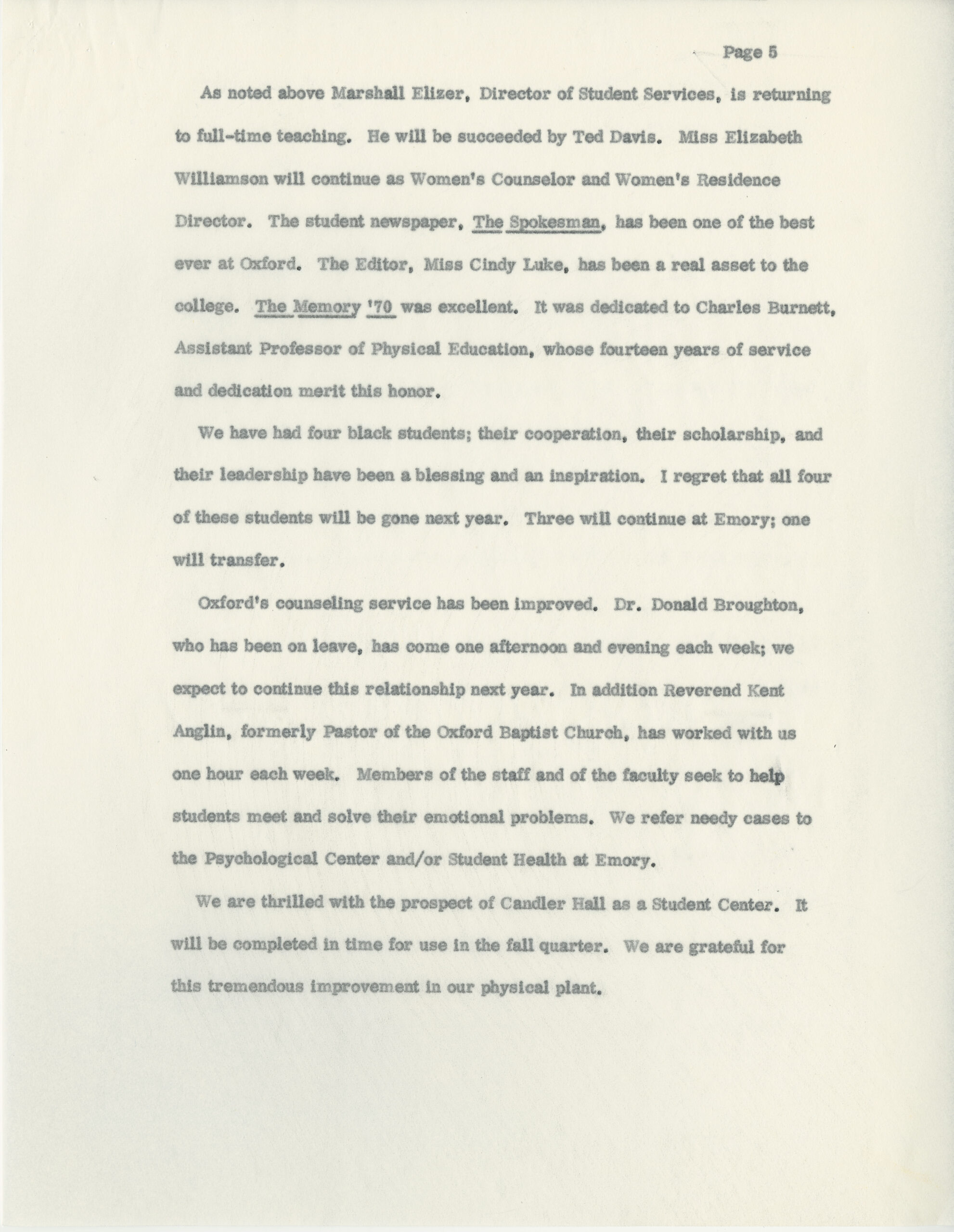 page from Dean's Annual Report (1970)