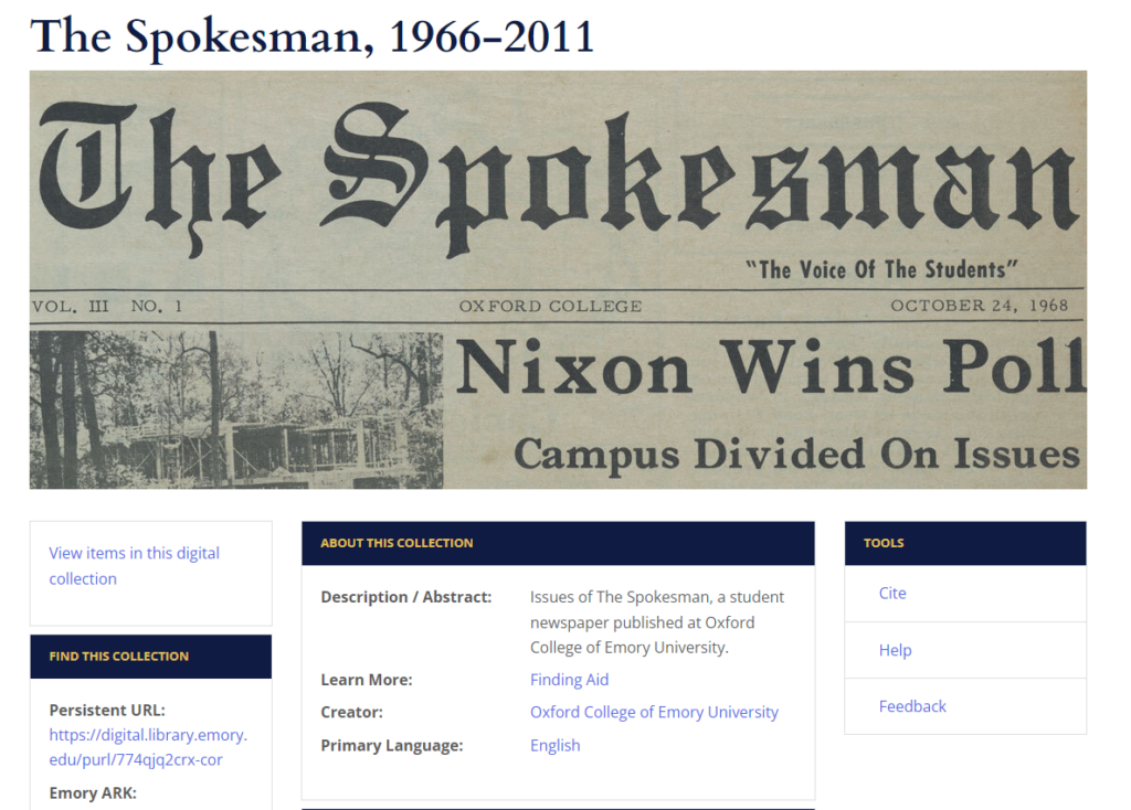 homepage for the Spokesman in Emory digital archives