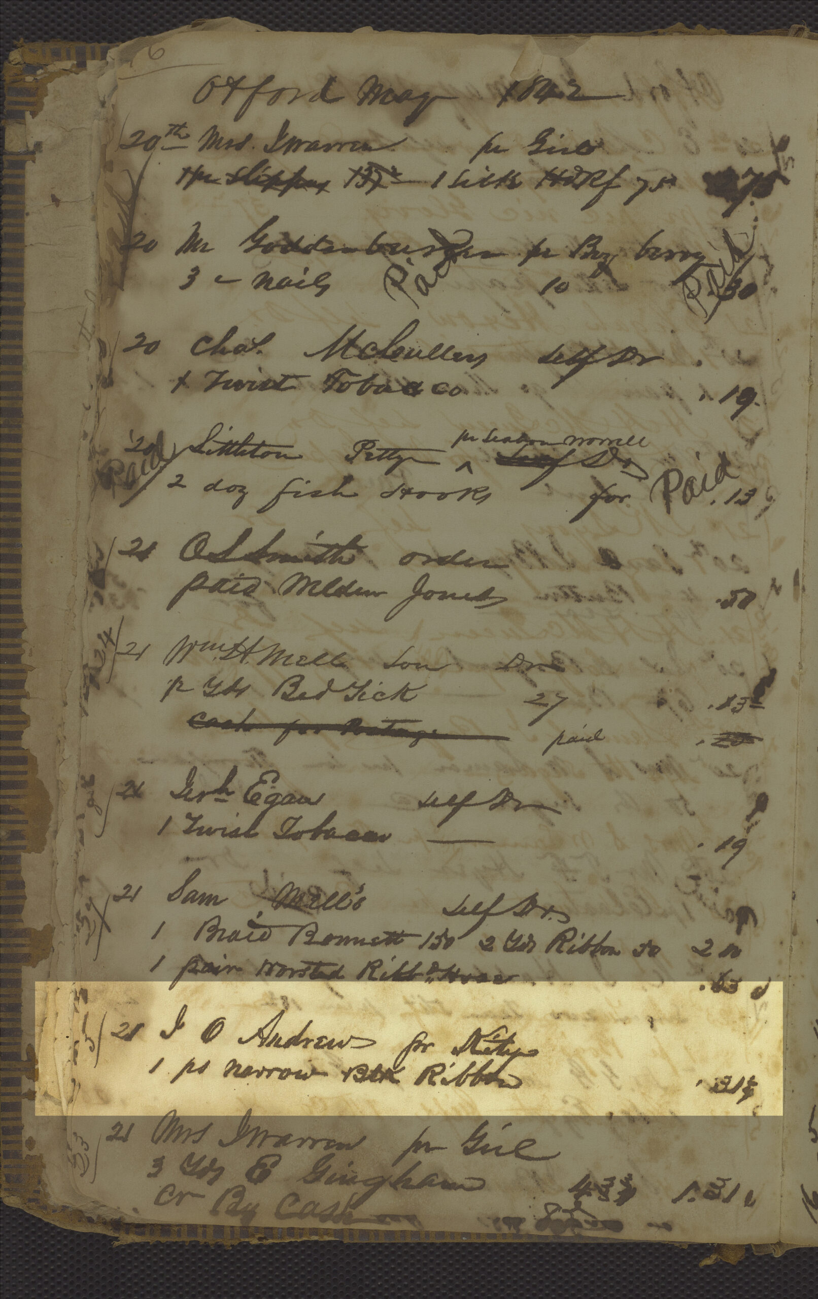 page from Oxford General store account book.