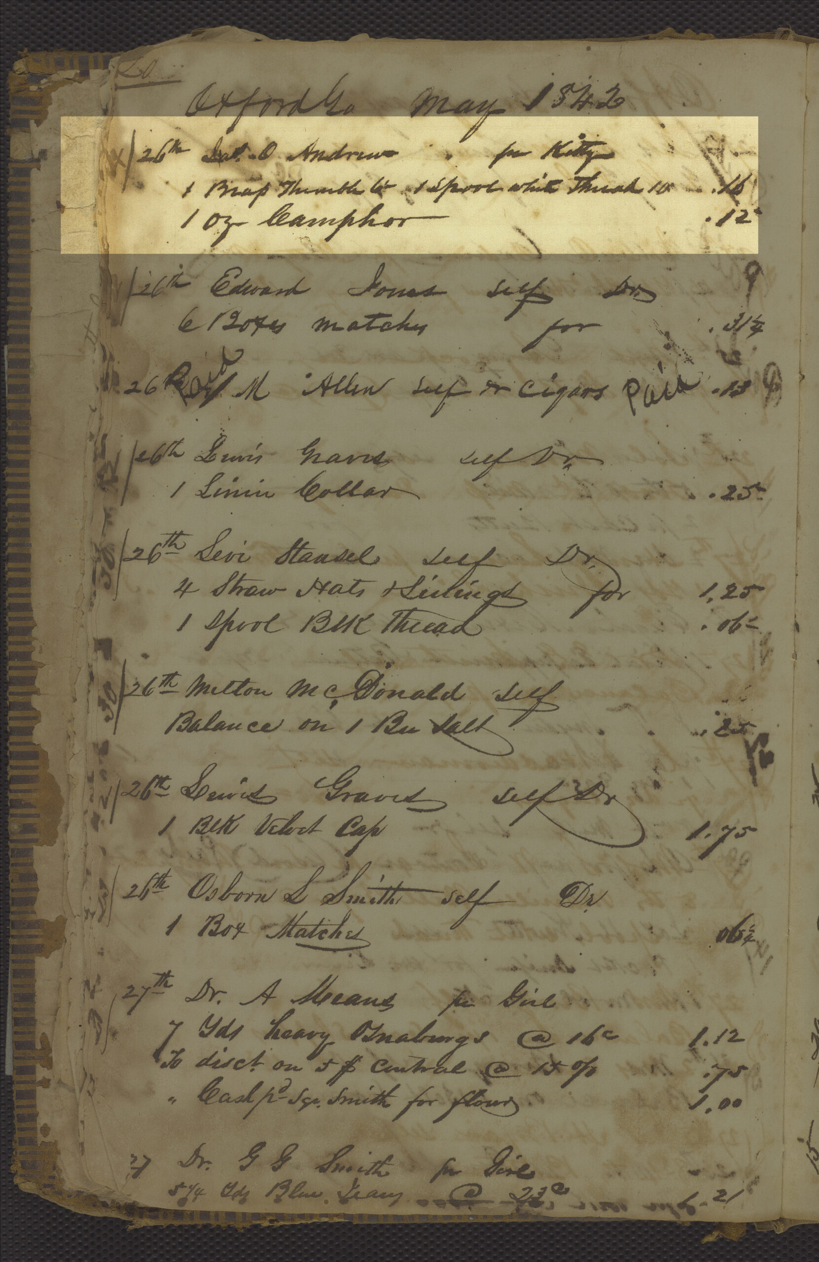 page from Oxford General store account book.